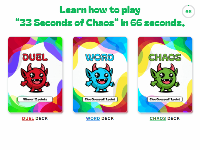 Learn how to play 33 Seconds of Chaos in 66 seconds - animated guide showing the three card types: Duel, Word, and Chaos decks